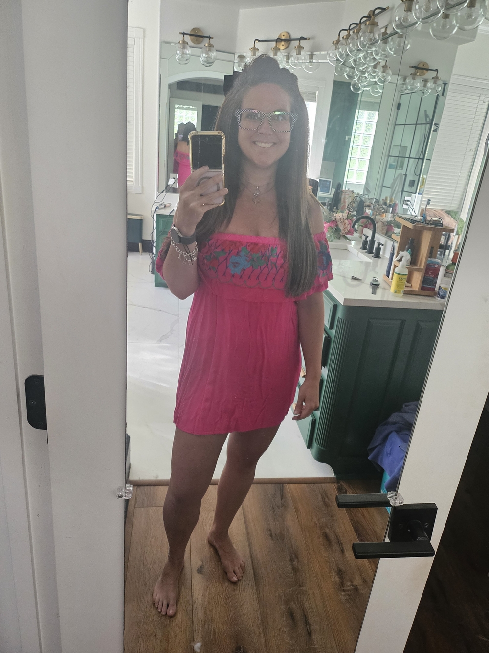 Umgee Bright Pink Off-Shoulder Midi Dress with Turquoise Floral Trim